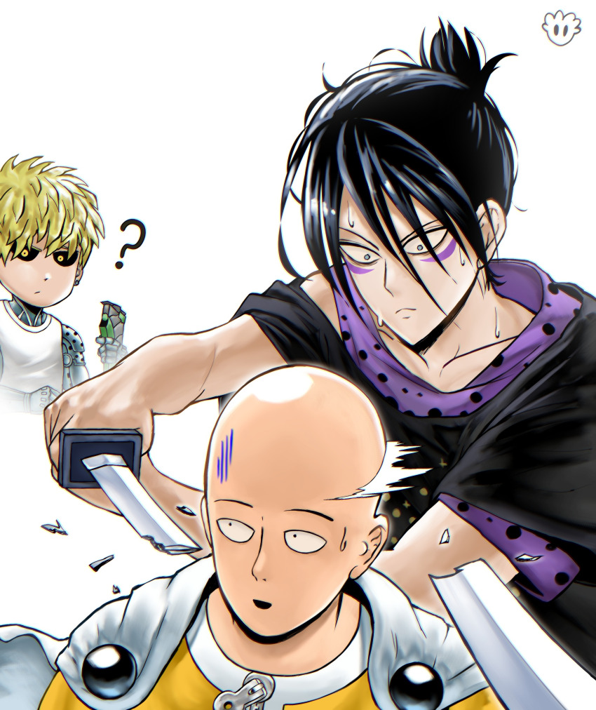 3boys ? absurdres bald black_hair black_sclera blonde_hair broken broken_sword broken_weapon cape choso_giving_toudou_a_haircut_(meme) colored_sclera commentary devovas earrings english_commentary facial_mark folded_ponytail frown genos grey_eyes hair_clipper highres holding holding_sword holding_weapon jewelry katana male_focus meme multiple_boys one-punch_man onsoku_no_sonic open_mouth saitama_(one-punch_man) signature smile superhero_costume sweatdrop sword weapon white_cape yellow_eyes