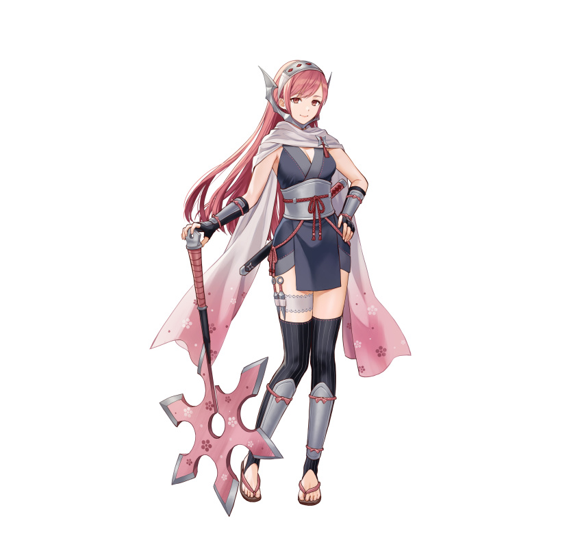 1girl absurdres arm_guards axe bare_shoulders battle_axe breasts cherche_(fire_emblem) cleavage closed_mouth commentary_request elbow_gloves feet fingerless_gloves fire_emblem fire_emblem_awakening fire_emblem_heroes gloves gradient_clothes headgear highres holding holster japanese_clothes kaya8 kodachi kunai legs long_hair looking_at_viewer medium_breasts ninja nintendo obi official_art pelvic_curtain pink_eyes pink_hair sand sandals sash scarf sheath sheathed short_sword sleeveless smile solo standing sword thigh_holster thighhighs toeless_legwear toes weapon white_background zouri