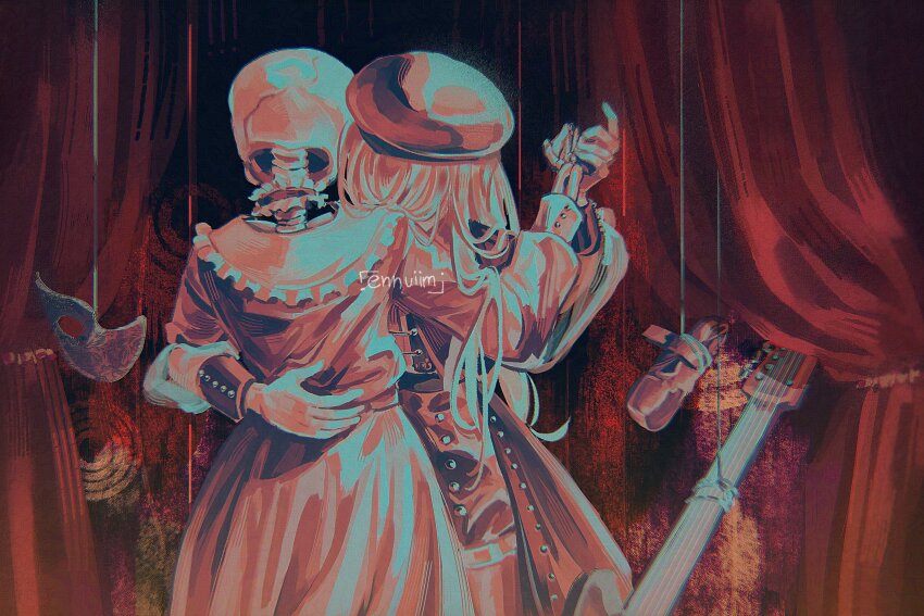 2girls ballet_slippers bang_dream! bang_dream!_it&#039;s_mygo!!!!! beret coat cowboy_shot curtains dancing dress dual_persona electric_guitar face_in_neck guitar hand_on_another&#039;s_waist hat highres holding_hands instrument long_hair long_sleeves mortis_(bang_dream!) mortis_(costume)_(bang_dream!) mortis_(persona)_(bang_dream!) multiple_girls phos_(ennuuiim) puffy_long_sleeves puffy_sleeves red_coat red_hat skeleton wakaba_mutsumi