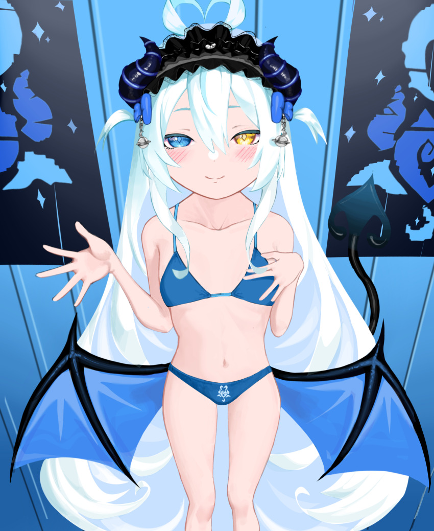 1girl absurdres ahoge akugaki_koa bell belly blue_bra blue_eyes blue_panties blush blush_stickers bow bra breasts closed_mouth commission demon_girl demon_horns demon_tail demon_wings flat_chest hair_bell hair_ornament heterochromia highres horns chromashift indoors knee_up knees_up long_hair looking_at_viewer maid_headdress navel nose panties ribbon small_breasts smile solo standing tail underwear underwear_only very_long_hair virtual_youtuber white_hair wings yellow_eyes