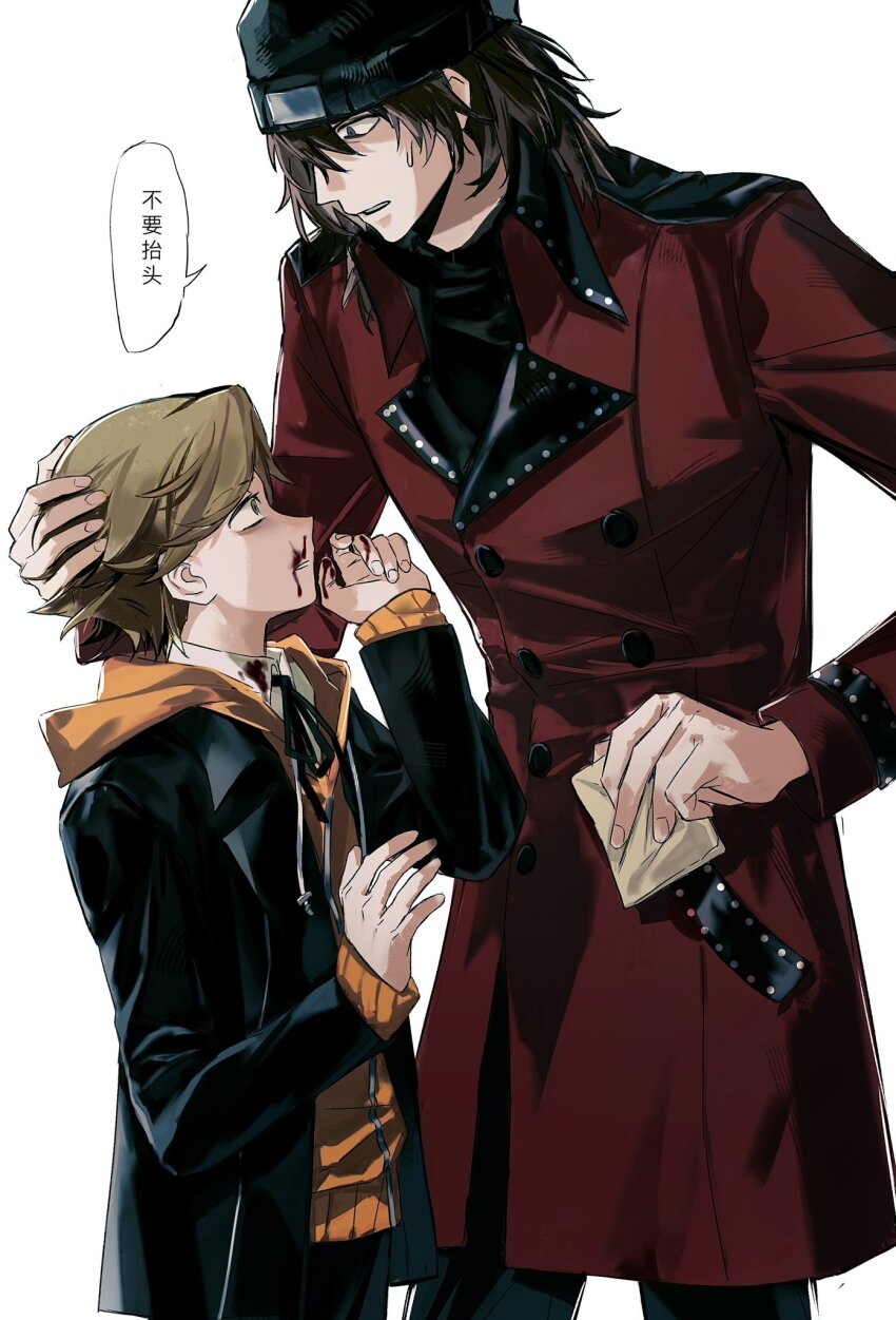 2boys amada_ken aragaki_shinjirou arm_up beanie black_coat black_hat black_pants blood blood_on_face bmh_1009 brown_hair buttons coat commentary double-breasted eye_contact hand_on_another&#039;s_head hashtag-only_commentary hat highres holding hood hood_down hoodie injury lapels layered_sleeves long_sleeves looking_at_another male_focus medium_hair multiple_boys nervous_sweating nosebleed orange_hoodie pants persona persona_3 red_coat simple_background sleeves_past_wrists speech_bubble standing sweat translation_request white_background