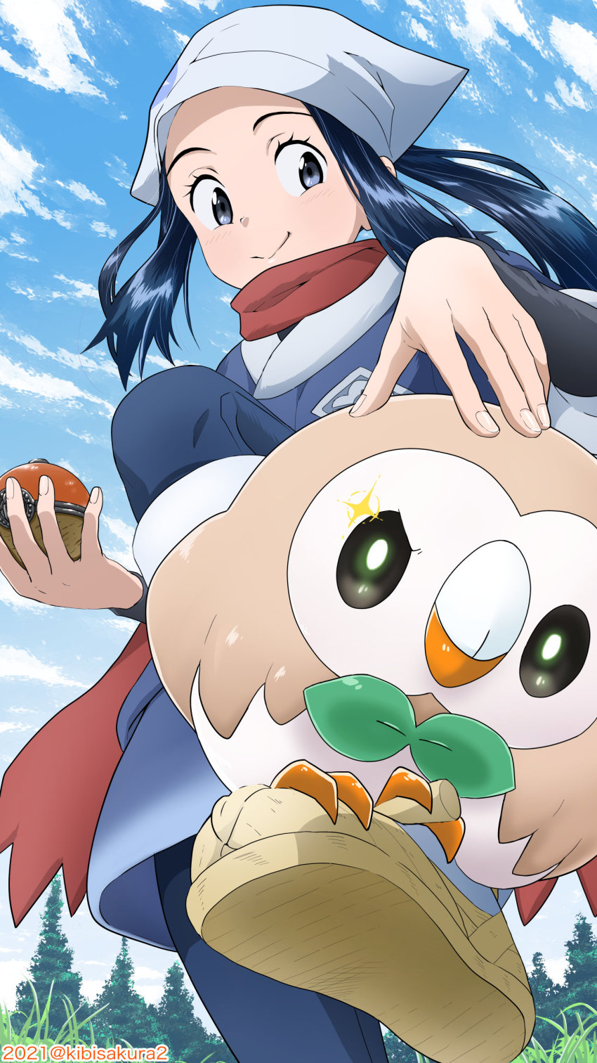 1girl absurdres ainu_clothes akari_(pokemon) artist_name blush closed_mouth cloud commentary_request day eyelashes fingernails gen_7_pokemon grey_eyes headscarf highres hisuian_poke_ball holding holding_poke_ball kibisakura2 long_hair nintendo outdoors poke_ball pokemon pokemon_(creature) pokemon_legends:_arceus pokemon_on_leg red_scarf rowlet scarf sky smile tree white_headscarf
