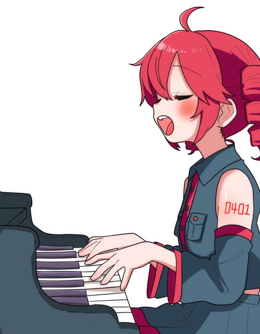 1girl ahoge blush closed_eyes detached_sleeves drill_hair from_side grey_shirt grey_skirt grey_sleeves haru_maron highres instrument kasane_teto kasane_teto_(utau) long_sleeves music open_mouth piano playing_instrument playing_piano red_hair shirt simple_background singing sitting skirt sleeveless sleeveless_shirt solo twin_drills upper_body utau white_background
