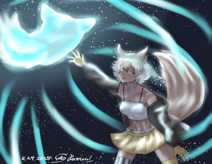 1girl animal_ears belt black_background blonde_hair camisole coyopotato coyote_(kemono_friends) extra_ears gloves jacket kemono_friends kemono_friends_v_project navel ratrenarms short_hair simple_background skirt tail thighhighs virtual_youtuber wolf_ears wolf_girl wolf_tail yellow_eyes