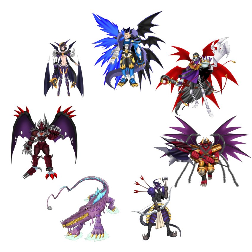 apollomon apollomon_whispered arrow_(projectile) barbamon beelzebumon belphemon belphemon_rage_mode big_death-stars death_generals demon demon_girl digimon dorbickmon fallen_angel fusion gravimon highres leviamon lilithmon lucemon_falldown_mode mark_of_evil neovamdemon olegmon seven_great_demon_lords spikes splashmon splashmon_darkness_mode tail wings zamielmon