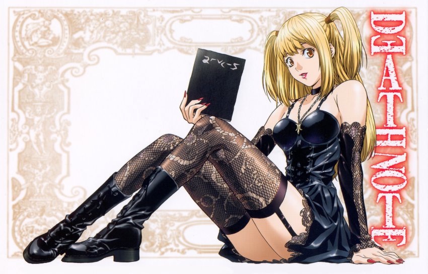 00s 1girl amane_misa arm_support bare_shoulders black_boots black_thighhighs blonde_hair boots choker copyright_name death_note death_note_(object) detached_sleeves female_focus fingernails garter_belt garter_straps gloves gonzo goth_fashion highres legs lipstick long_hair looking_at_viewer makeup mall_goth nail_polish non-web_source obata_takeshi official_art orange_eyes red_nails scan sitting solo thighhighs two_side_up