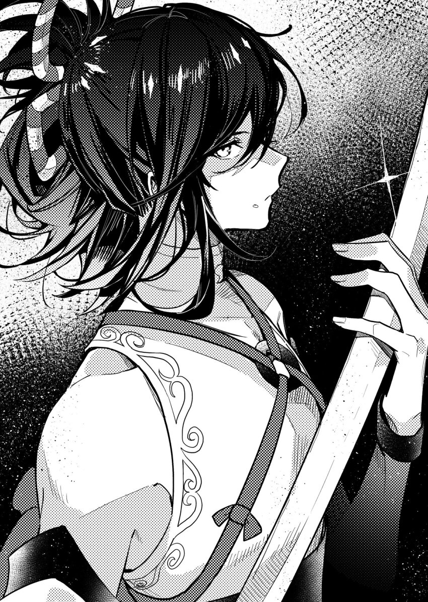 1boy bare_shoulders closed_mouth fire_emblem fire_emblem_engage folded_ponytail greyscale highres holding holding_sword holding_weapon illust_mi japanese_clothes kagetsu_(fire_emblem) looking_at_viewer monochrome nintendo o-ring solo sword weapon