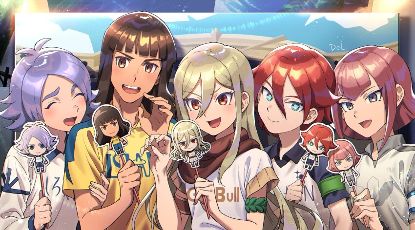 5boys afuro_terumi aqua_eyes armband blonde_hair brown_eyes brown_hair closed_eyes dolustoy eisei_gakuen fubuki_shirou green_armband grey_eyes grey_hair grey_shirt hakuren highres inazuma_eleven_(series) inazuma_eleven_ares_no_tenbin kiyama_hiroto light_blush long_hair male_focus michinari_tatsumi mikage_sennou multiple_boys open_mouth pink_hair raimon raimon_soccer_uniform red_eyes red_hair shimozuru_arata shirt soccer_uniform sportswear upper_body white_shirt yellow_shirt zeus_(inazuma_eleven)