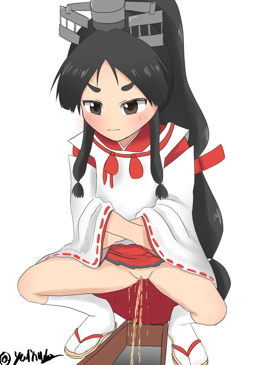 1girl absurdres black_hair blush brown_eyes crossed_arms female_focus highres japanese_clothes kantai_collection long_hair multi-tied_hair nisshin_(kancolle) no_panties peeing pussy sandals signature sock solo spread_legs squat_toilet squatting toilet toilet_use uncensored very_long_hair yarinuko