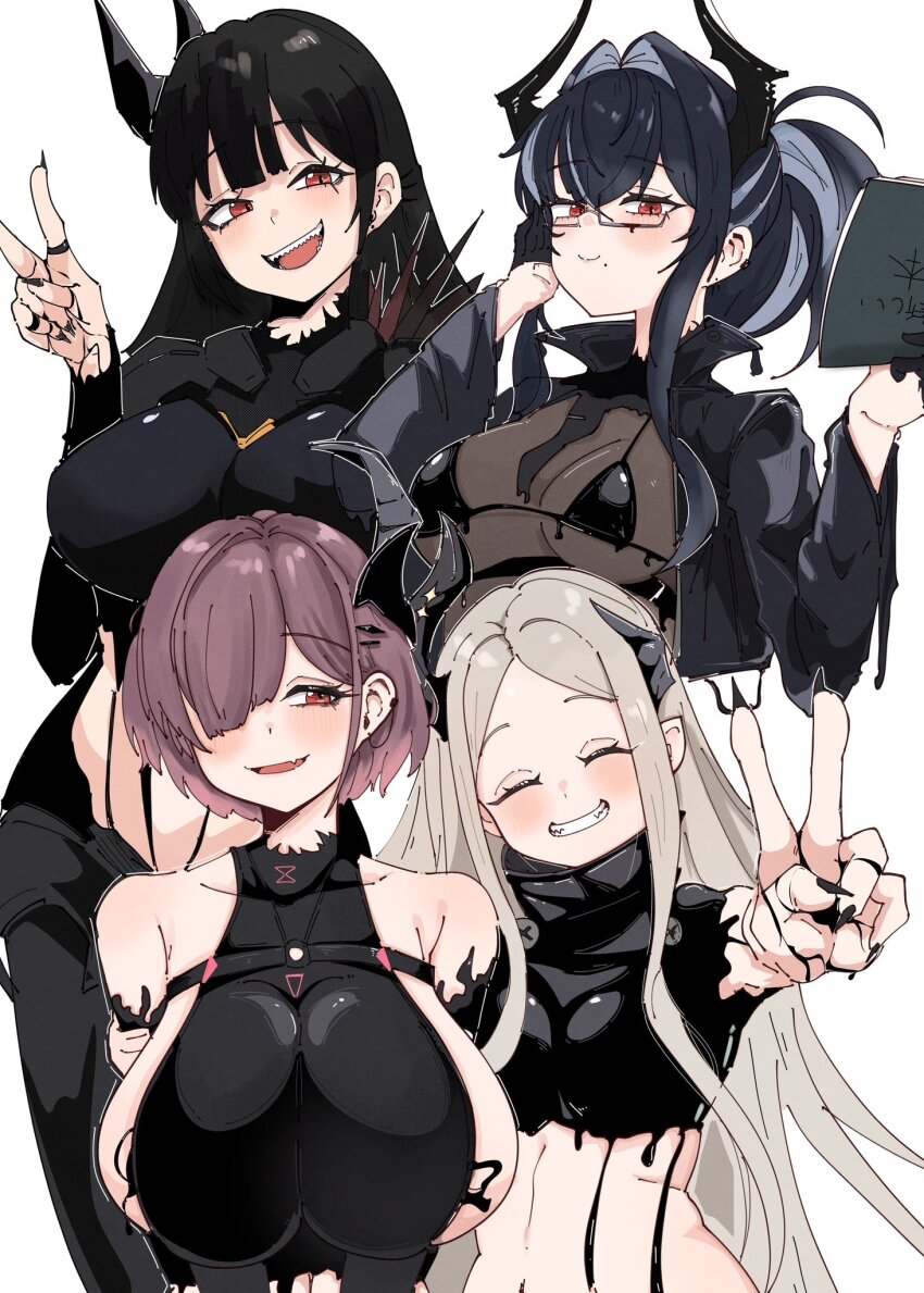 4girls armor bahamut_(nikke) behemoth_(nikke) black_armor black_bodysuit black_gloves black_hair black_horns black_jacket black_lips black_liquid black_nails bodysuit boobplate book breastplate breasts cain_lk chest_belt closed_eyes ear_piercing earclip fangs forehead four_beasts_(nikke) glasses gloves goddess_of_victory:_nikke grey_hair hair_over_one_eye heretics_(nikke) highres holding holding_book horns huge_breasts jacket latex_bikini leviathan_(nikke) liquid_clothes long_hair looking_at_viewer medium_breasts mole mole_under_mouth multiple_girls o-ring_strap piercing pointy_ears ponytail red_eyes red_hair see-through_clothes sharp_teeth short_hair simple_background single_horn small_breasts smile teeth v white_background ziz_(nikke)