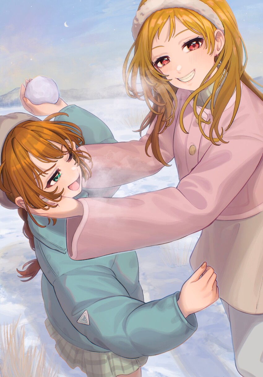 2girls :d absurdres arm_up baba_konomi blonde_hair blue_jacket blue_nails blush braid braided_ponytail breath commentary_request crescent_moon earrings gingham_skirt gradient_hair green_eyes green_skirt grey_hat grin hair_over_shoulder hairband hands_up hat head_grab highres holding holding_snowball idolmaster idolmaster_million_live! idolmaster_million_live!_theater_days jacket jewelry long_hair long_sleeves looking_at_another looking_at_viewer looking_to_the_side miniskirt momose_rio moon multicolored_hair multiple_girls nail_polish one_eye_closed open_mouth orange_hair outdoors pantyhose pink_jacket pink_nails red_eyes skirt sky smile snow snowball standing star_(sky) tanupon thick_eyelashes turning_head v-shaped_eyebrows white_hairband white_pantyhose white_skirt wide_sleeves