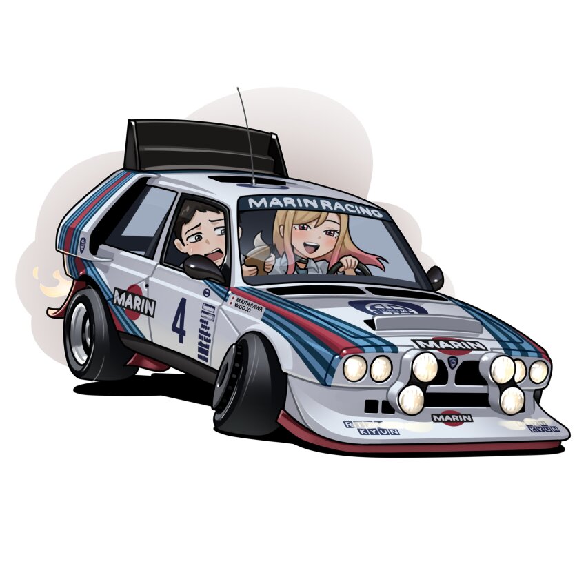 1boy 1girl absurdres arhentol black_eyes black_hair blonde_hair book car colored_tips drifting driving gojou_wakana hair_behind_ear highres holding holding_book kitagawa_marin lancia_(brand) lancia_delta_s4 logo_parody looking_down martini_(brand) motion_blur motor_vehicle multicolored_hair open_mouth pink_eyes pink_hair race_vehicle racecar radio_antenna raised_inner_eyebrows rally_car scared shadow smile sono_bisque_doll_wa_koi_wo_suru vehicle_focus world_rally_championship
