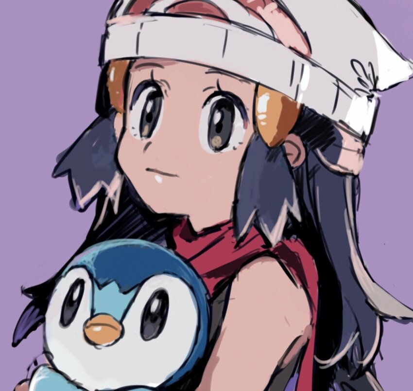 1girl beanie black_eyes blue_hair closed_mouth dark_blue_hair dawn_(pokemon) gen_4_pokemon hair_ornament half_updo hat highres long_hair nintendo piplup pokemon pokemon_(creature) pokemon_dppt purple_background red_scarf scarf shichibee_(stm_mimi) simple_background white_hat