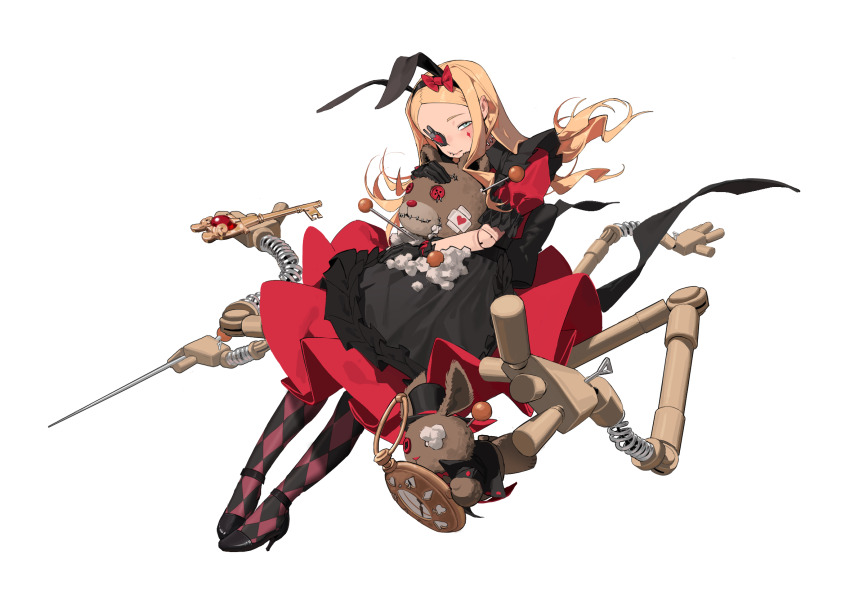 1girl animal_ears black_footwear black_gloves blonde_hair bow commentary diamond_facial_mark doll_joints dress english_commentary eyepatch facial_mark fake_animal_ears full_body gloves high_heels highres holding joints key long_hair original pantyhose rabbit_ears raimmortal red_bow simple_background solo spring_(object) stitched_neck stitches stuffed_animal stuffed_rabbit stuffed_toy stuffing teddy_bear white_background