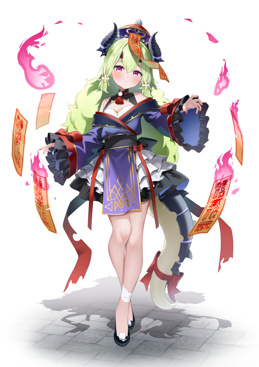 1girl absurdres alencia_(epic_seven) black_shoes dragon_horns dragon_tail epic_seven frilled_sleeves frills full_body green_hair hat highres horns jiangshi_costume layered_skirt long_hair long_sleeves multiple_horns ofuda purple_eyes red_nails shoes shuvi_(shuvi1125) simple_background skirt solo tail very_long_hair