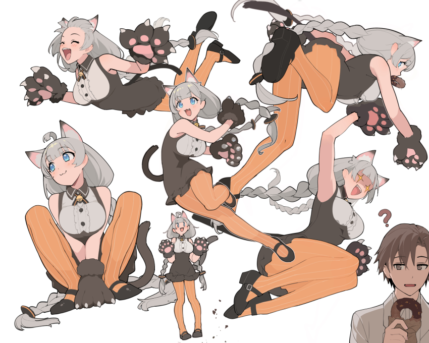 1boy 1girl ? ahoge alternate_costume animal_ears animal_hands black_shoes blue_eyes braid brown_eyes brown_hair cat_ears cat_tail cevio chocolate_donut commentary_request donut dress food gloves grey_hair highres holding holding_donut holding_food kizuna_akari long_hair mary_janes mouth_hold multiple_views orange_pantyhose pantyhose paw_gloves pinstripe_pantyhose shirinda_fureiru shoes simple_background sparkling_eyes tail takahashi_amato twin_braids very_long_hair voiceroid white_background