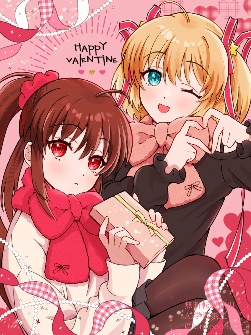 2girls ;d ahoge alternate_costume aqua_eyes black_pantyhose blonde_hair blush bow box brown_hair closed_mouth commentary four-finger_heart_hands frown gift gift_box hair_between_eyes hair_ornament hair_ribbon hands_up happy happy_valentine heart heart_hands highres holding holding_gift kamikita_komari little_busters! long_hair looking_at_viewer multiple_girls natsume_rin one_eye_closed open_mouth pantyhose pink_background pink_bow pink_scarf piyo_(kinkooo333) ponytail red_bow red_eyes red_ribbon red_scarf ribbon scarf sidelocks simple_background sitting sleeves_past_wrists smile star_(symbol) star_hair_ornament twitter_username two_side_up upper_body valentine winter_clothes