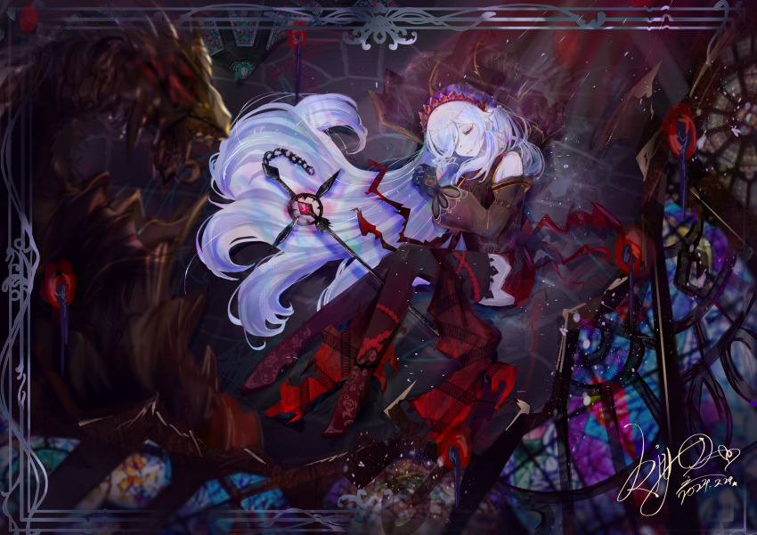 1girl absurdres bare_shoulders black_dress black_gloves black_sleeves black_thighhighs black_veil blazing_cartesia_the_virtuous chain chinese_commentary closed_eyes closed_mouth commentary_request cross dated detached_sleeves dot_nose dress ecclesia_(yu-gi-oh!) expressionless frilled_dress frilled_sleeves frills full_body gloves gradient_clothes gradient_dress gradient_thighhighs hair_spread_out hairband highres indoors kiyo_lexie leg_ribbon light_particles long_dress long_hair long_sleeves lying on_side pale_skin picture_frame pointy_ears red_dress red_hairband red_ribbon red_thighhighs ribbon ruins signature sleeping sleeveless sleeveless_dress solo staff stained_glass thighhighs veil very_long_hair wavy_hair white_hair yu-gi-oh!