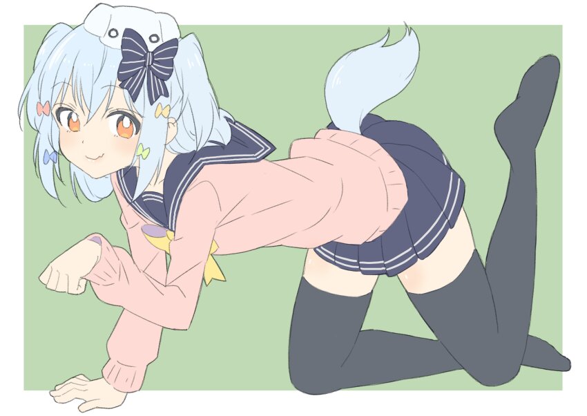 1boy absurdres all_fours bad_id bad_twitter_id black_thighhighs blue_hair border bow bowtie cardigan closed_mouth collarbone crossdressing crossdressing_(mtf) dog_hair_ornament dog_tail donguri_suzume double_horizontal_stripe fang foot_up from_side green_background green_bow hair_between_eyes hair_bow hair_ornament highres inuyama_tamaki long_sleeves looking_at_viewer noripro open_mouth orange_eyes outline paw_pose pink_bow pink_cardigan pleated_skirt sailor_collar school_uniform skin_fang skirt smile solo striped_bow tail thighhighs trap two_side_up virtual_youtuber white_border white_outline yellow_bow yellow_bowtie