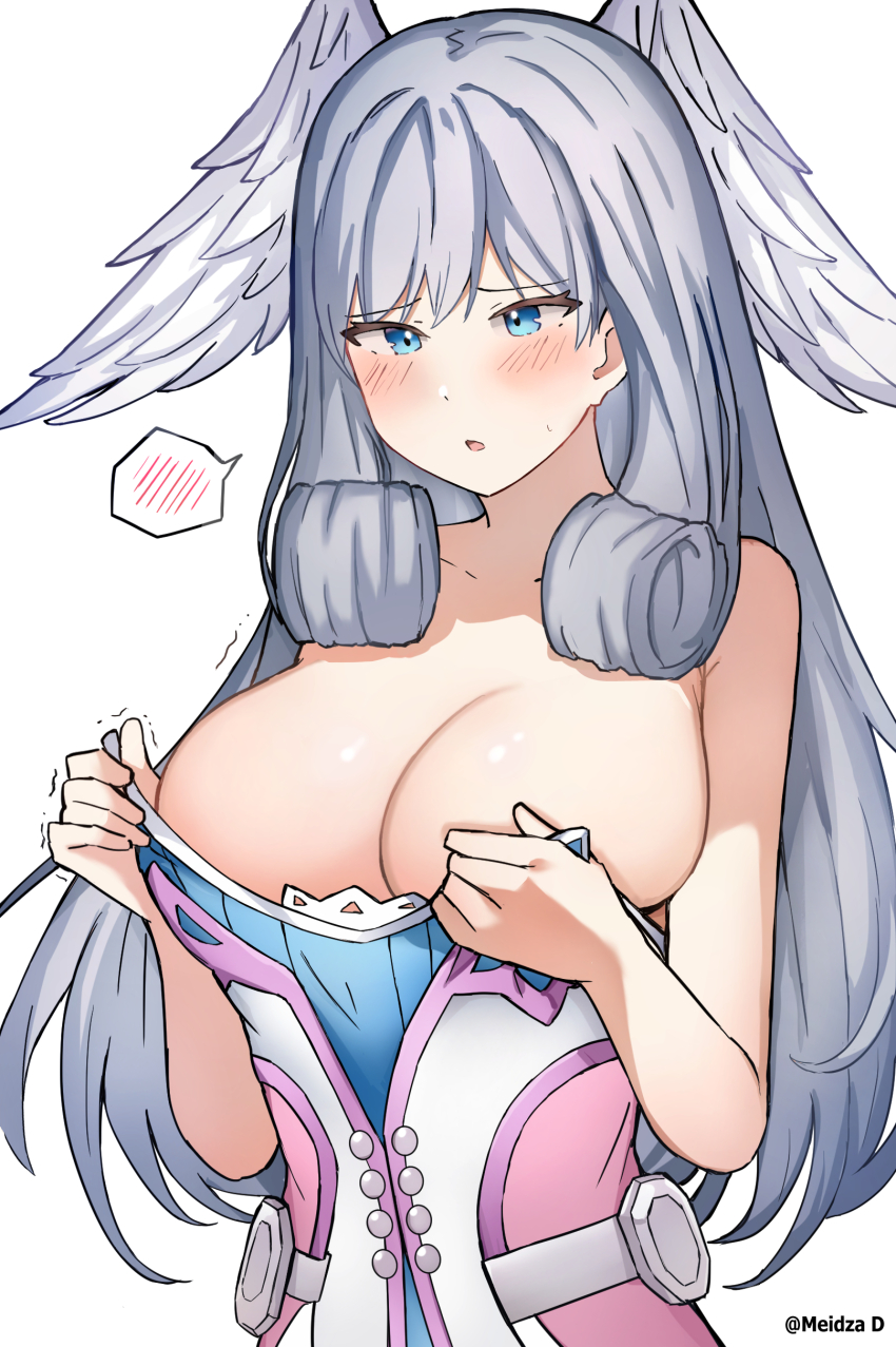 1girl absurdres blue_eyes breasts embarrassed head_wings highres large_breasts meidza_d melia_antiqua solo wings xenoblade_chronicles_(series) xenoblade_chronicles_1