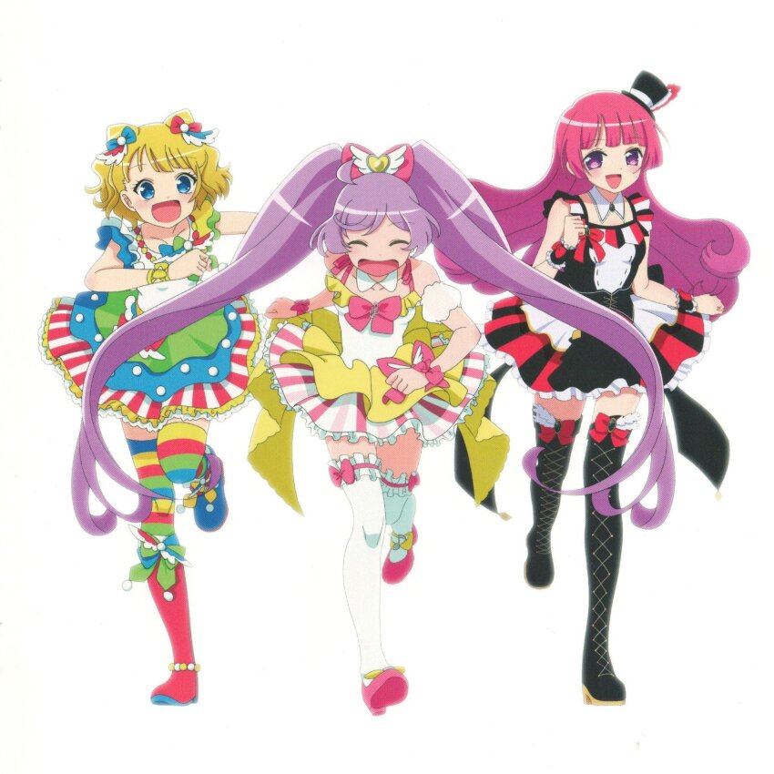 3girls :d a_(toitoitoioekk) ahoge bad_id bad_twitter_id black_footwear blonde_hair blue_eyes blunt_bangs boots bow closed_eyes cone_hair_bun detached_collar detached_sleeves double_bun dress facing_viewer frilled_dress frilled_thighhighs frills full_body hair_bow hair_bun hat highres hojo_sophy idol_clothes inactive_account long_hair manaka_laala minami_mirei mini_hat mini_top_hat multicolored_dress multiple_girls open_mouth pink_bow pink_shoes pretty_series pripara puffy_detached_sleeves puffy_sleeves purple_eyes purple_hair red_hair running shoe_soles shoes short_hair simple_background sleeveless sleeveless_dress smile standing striped_clothes striped_thighhighs thigh_boots thighhighs top_hat twintails very_long_hair white_background white_thighhighs