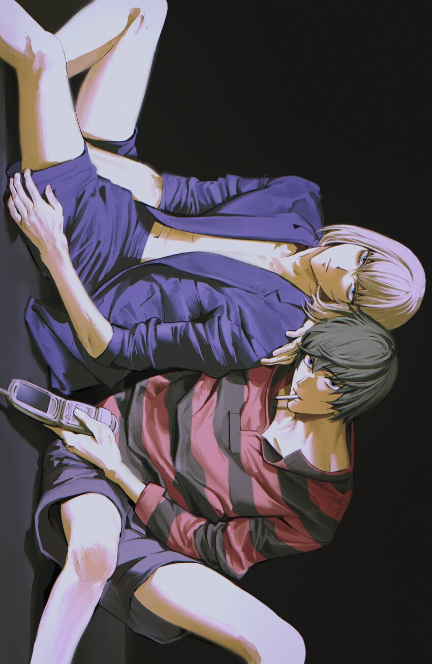 2boys between_legs black_background blonde_hair blue_eyes blue_jacket blue_shorts cellphone cigarette collared_shirt death_note feet_out_of_frame flip_phone grey_eyes grey_footwear grey_hair hair_between_eyes hand_between_legs hand_on_another&#039;s_shoulder highres holding holding_phone jacket kinbakuoujii long_sleeves male_focus matt_(death_note) medium_hair mello_(death_note) midriff multiple_boys open_clothes open_jacket phone shirt short_hair shorts sitting smoking striped_clothes striped_shirt suit_jacket yaoi