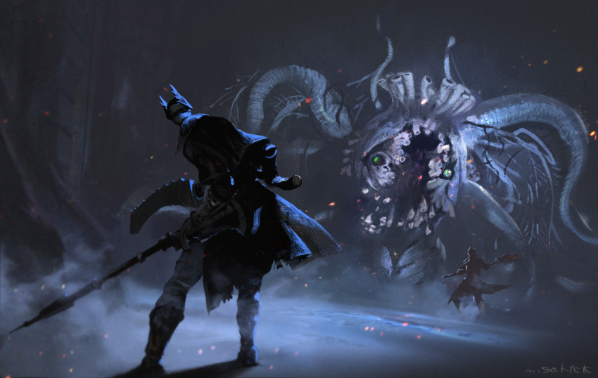 2others alien artist_name axe battle black_capelet black_coat black_footwear black_gloves black_headwear bloodborne boots capelet coat commentary dark dual_wielding ebrietas_daughter_of_the_cosmos eldritch_abomination embers extra_arms facing_away fighting_stance full_body gloves green_eyes grey_pants gun hat holding holding_axe holding_gun holding_weapon hunter_(bloodborne) long_coat looking_at_another miso_katsu monster multiple_others pants saw saw_cleaver size_difference slug standing tentacles tricorne vambraces weapon