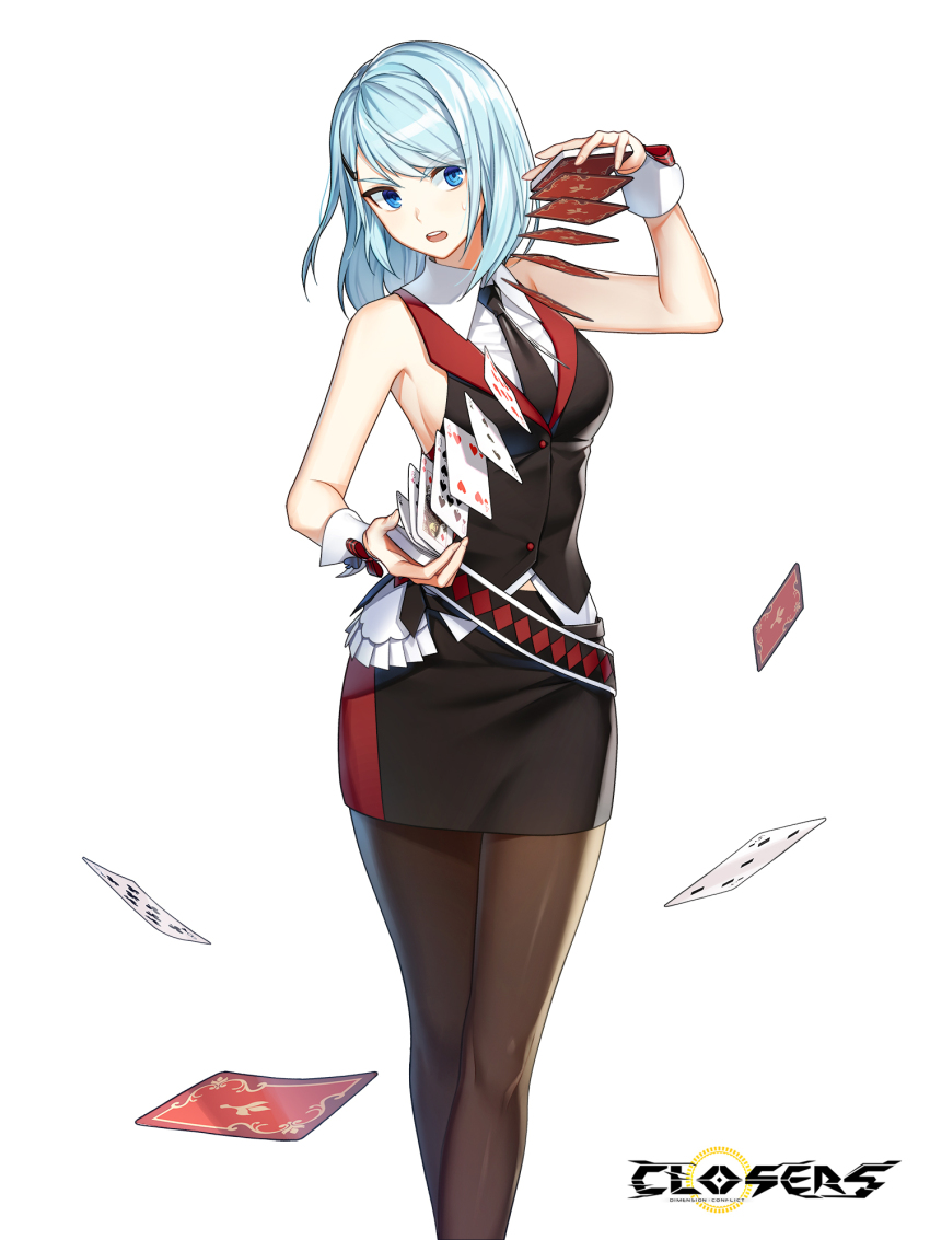 1girl :o bare_arms bare_shoulders belt black_belt black_necktie black_pantyhose black_skirt black_vest blue_eyes blue_hair bob_cut bow breasts card closers collared_shirt copyright_name crossed_legs croupier dress_shirt eight_of_clubs eight_of_hearts facing_viewer feet_out_of_frame five_of_spades floating_card four_of_hearts hair_ornament hairclip hand_up highres holding holding_card logo looking_at_card looking_to_the_side medium_breasts midriff_peek miniskirt necktie official_art open_mouth pantyhose pencil_skirt playing_card queen_(playing_card) queen_of_diamonds red_bow shirt short_hair shuffling_cards sideboob skirt sleeveless sleeveless_shirt solo standing sweat swept_bangs teeth ten_of_spades three_of_spades upper_teeth_only v-shaped_eyebrows vest violet_(closers) waistcoat watson_cross white_background white_shirt white_wrist_cuffs wrist_bow wrist_cuffs