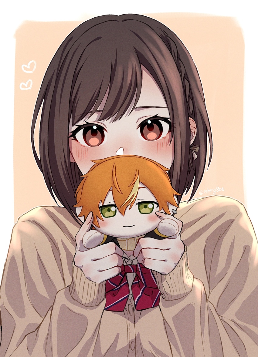 1girl absurdres backlighting blush bob_cut border bow bowtie braid brown_bow brown_cardigan brown_eyes brown_hair buttons cardigan character_doll commentary_request covered_mouth diagonal-striped_bow diagonal-striped_bowtie diagonal-striped_clothes doll film_grain fingernails hair_bow hands_up heart highres holding holding_doll kamiyama_high_school_uniform_(project_sekai) long_sleeves looking_at_viewer nhrg806 orange_background outside_border project_sekai puffy_long_sleeves puffy_sleeves red_bow red_bowtie school_uniform shinonome_akito shinonome_ena short_hair simple_background single_braid sleeves_past_wrists solo straight-on striped_clothes swept_bangs upper_body white_border