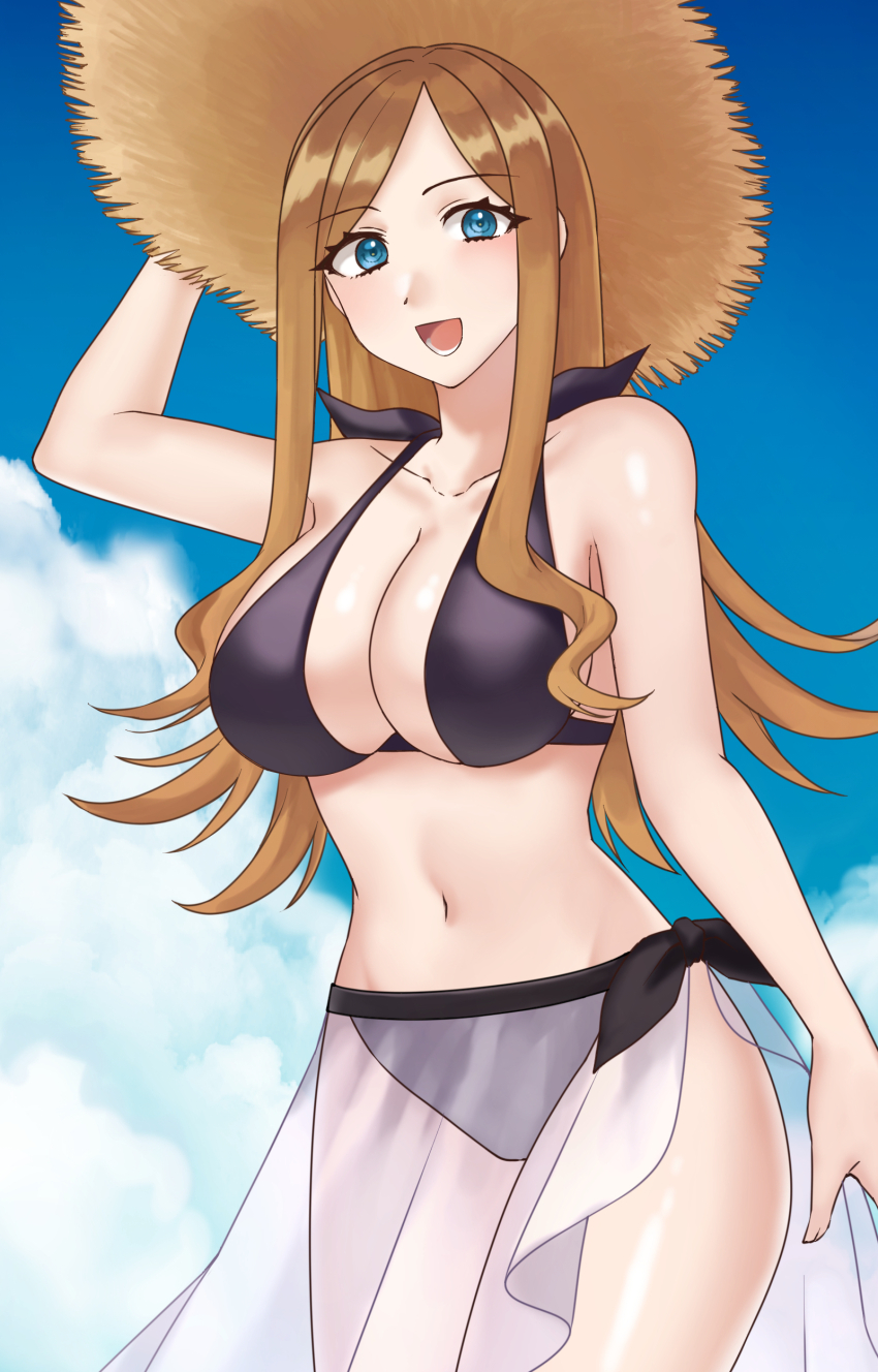 1girl :d absurdres bikini black_bikini blue_eyes blue_sky breasts brown_hair cloud eiyuu_densetsu halterneck hat hazuki_(nyorosuke) highres kuro_no_kiseki kuro_no_kiseki_(series) kuro_no_kiseki_ii large_breasts long_hair looking_at_viewer mirabel_aalton navel open_mouth outdoors parted_bangs sky smile solo standing sun_hat swimsuit wavy_hair