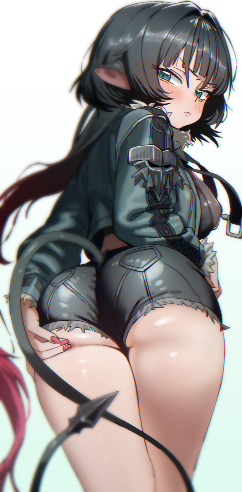 1girl animal_ears ass black_hair black_jacket black_shorts blue_eyes blurry blurry_foreground blush breasts demon_tail depth_of_field from_behind ggokoo green_eyes highres jacket jane_doe_(zenless_zone_zero) large_breasts long_hair long_tail looking_at_viewer looking_back mouse_ears mouse_girl mouse_tail nail_polish red_nails sharp_tail short_shorts shorts solo tail thighs zenless_zone_zero
