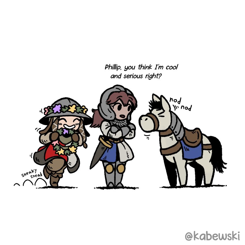 2girls absurdres age_of_empires_(series) age_of_empires_ii closed_eyes crossed_arms crossover english_text flora_sister_(ironlily) highres horse kabewski knight knight_(age_of_empires_ii) medieval multiple_girls ordo_mediare_sisters_(ironlily) saddle twitter_username white_background