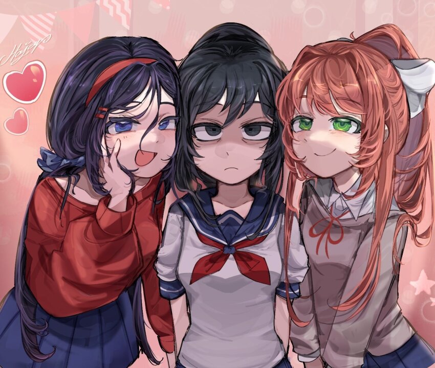 3girls ayano_aishi black_eyes black_hair blue_eyes blue_hair blue_sailor_collar bow brown_hair brown_jacket crazy_mita_(miside) crossover doki_doki_literature_club flower green_eyes hair_bow hair_flower hair_intakes hair_ornament hairclip haja90541 headband highres jacket long_sleeves looking_at_viewer low_twintails miside mita_(miside) monika_(doki_doki_literature_club) multiple_girls neck_ribbon neckerchief off-shoulder_sweater off_shoulder pleated_skirt ponytail red_headband red_neckerchief red_ribbon red_sweater ribbon sailor_collar shirt short_sleeves skirt sweater trait_connection twintails white_bow white_shirt yandere_simulator