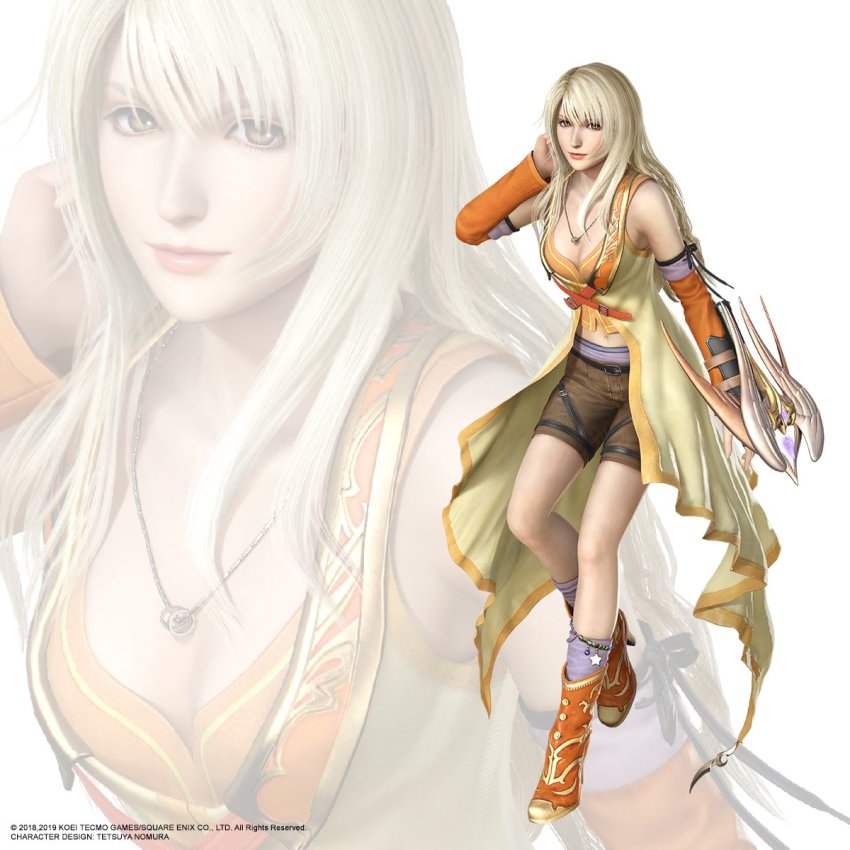 1girl amano_yoshitaka amano_yoshitaka_design arm_warmers bare_shoulders belt blonde_hair boots breasts brown_eyes cleavage dissidia_final_fantasy dissidia_final_fantasy_nt dress final_fantasy final_fantasy_viii full_body hair_between_eyes hand_in_own_hair highres holding holding_weapon jewelry medium_breasts medium_hair necklace official_alternate_costume official_art rinoa_heartilly shorts solo square_enix weapon white_background yellow_dress