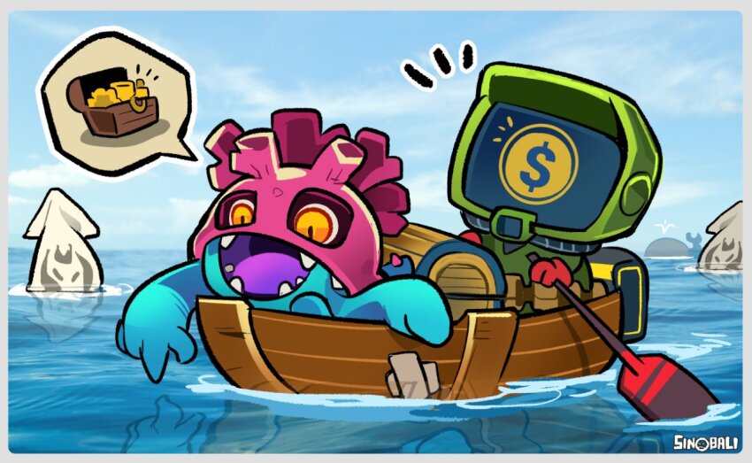 artist_logo boat digimon digimon_(creature) gesomon logo monitamon rowboat sangomon speech_bubble tentacles treasure treasure_chest watercraft yellow_eyes