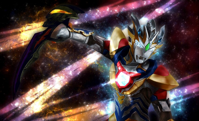 1boy alien armor beliarok blue_gemstone blue_skin breastplate color_timer colored_skin commentary compound_eyes diffraction_spikes dorsal_fin forehead_jewel gem glowing glowing_eyes gold_armor gold_skin gold_trim green_gemstone grey_skin hand_up highres holding holding_sword holding_weapon looking_ahead male_focus multicolored_skin red_skin shoulder_armor shoulder_pads silver_skin sky solo star_(sky) starry_sky starry_sky_background sword symbol-only_commentary tachibana_satsuki_(artist) tokusatsu toned toned_male ultra_series ultraman_z ultraman_z_(delta_rise_claw) ultraman_z_(series) upper_body vambraces weapon white_eyes