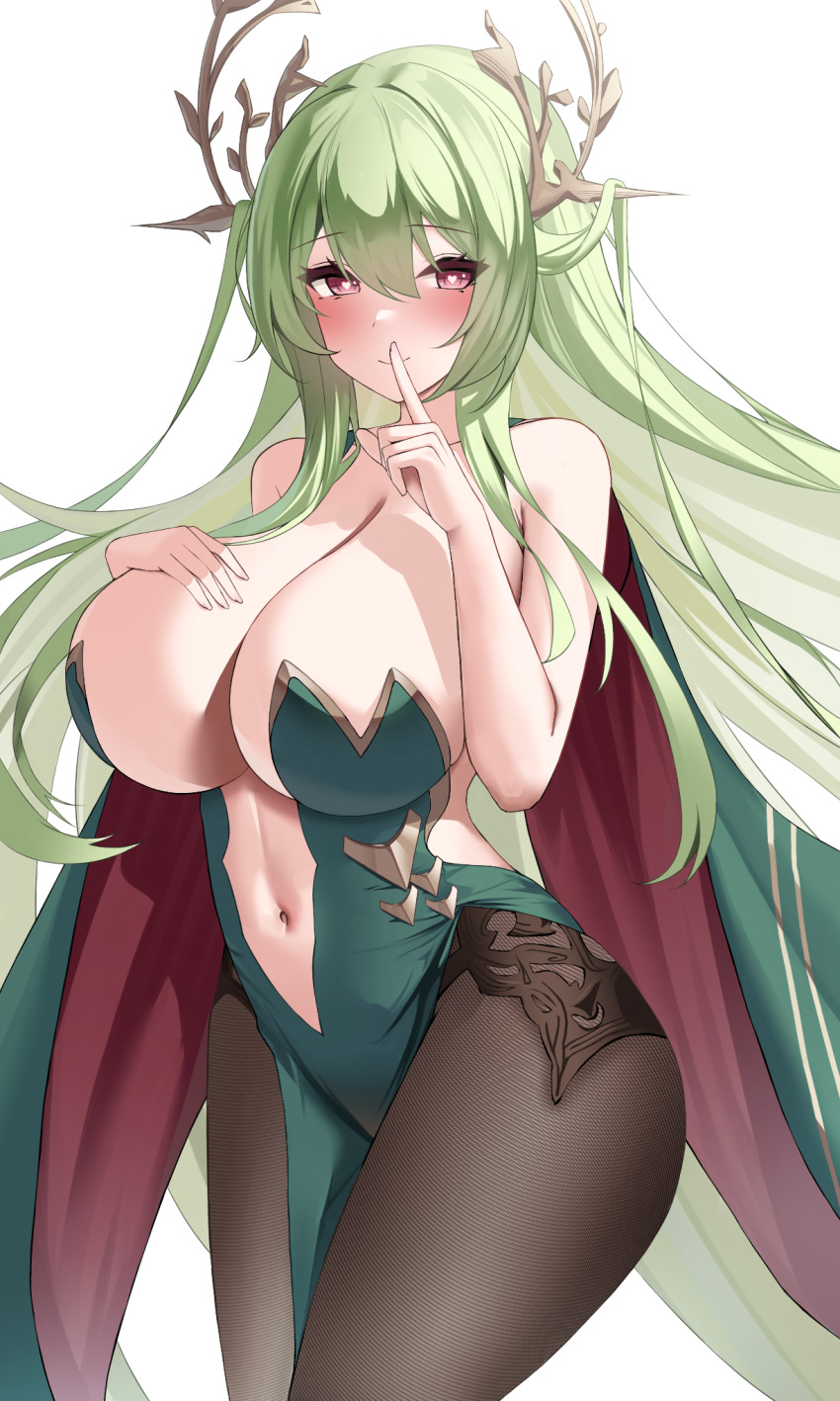 1girl azur_lane black_pantyhose blush breasts curvy dress finger_to_mouth green_dress green_hair hand_on_own_chest heart heart-shaped_pupils highres large_breasts long_hair looking_at_viewer napoli_(azur_lane) navel pantyhose pink_eyes shushing simple_background solo symbol-shaped_pupils white_background wynnblue