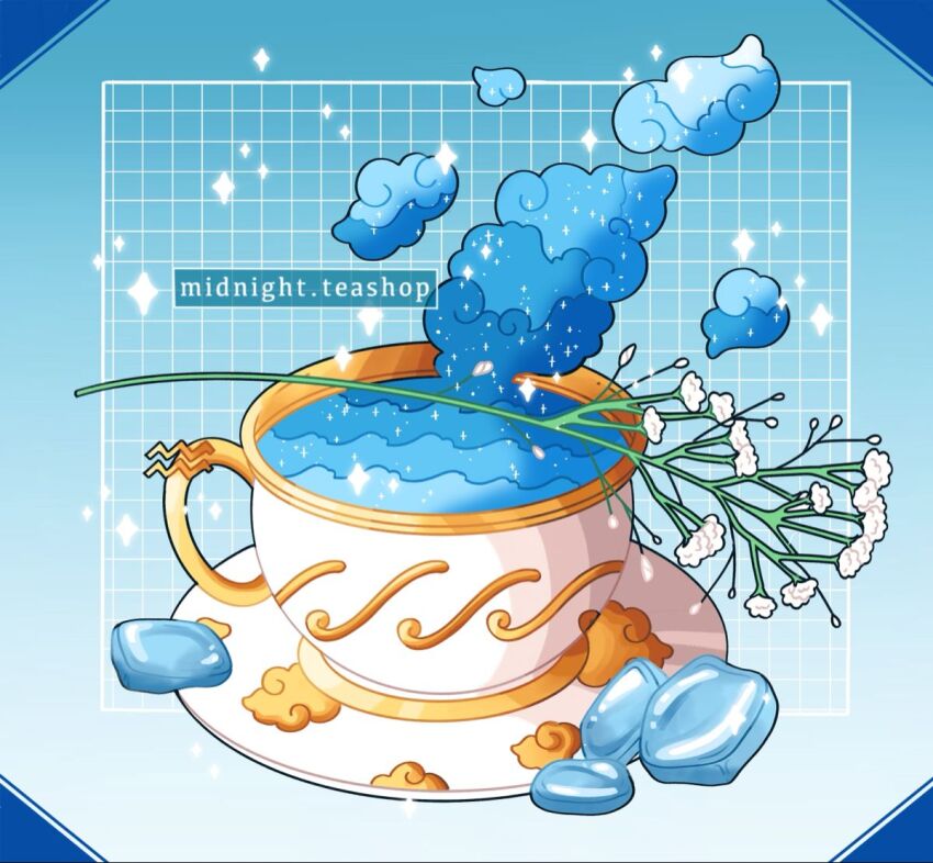 aquarius_(symbol) aquarius_(zodiac) artist_name blue_background cloud_print commentary cup english_commentary flower food_focus gradient_background grid_background megan_koch no_humans original rock saucer simple_background smoke sparkle tea teacup watermark white_flower zodiac