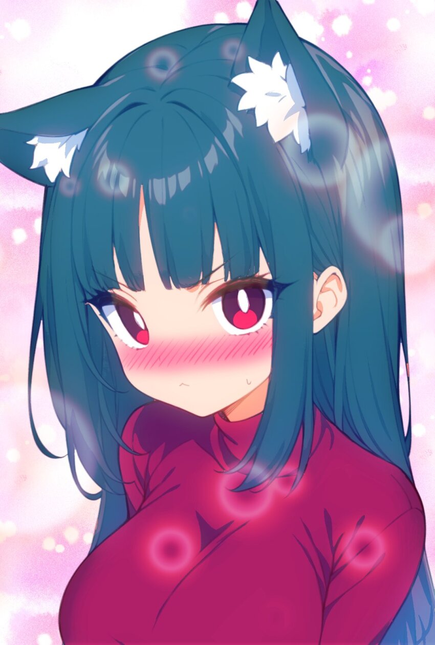 1girl animal_ears black_bodysuit blue_hair blunt_bangs blush bodysuit bodysuit_under_clothes breasts crop_top dark_blue_hair fox_ears highres hime_cut jacket kakk_e large_breasts long_hair long_sleeves nintendo nose_blush pokemon pokemon_frlg red_eyes sabrina_(pokemon) solo sweatdrop turtleneck turtleneck_jacket upper_body v-shaped_eyebrows