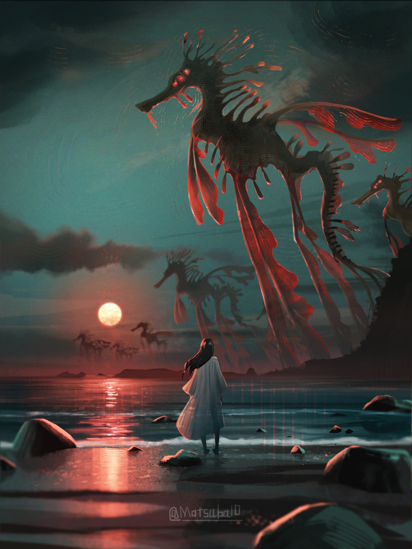 1girl beach cloud dress foaming_waves from_behind giant giant_monster glowing glowing_eyes highres long_hair matsuba10 monster ocean original outdoors rock sea_dragon solo standing sunset twitter_username white_dress