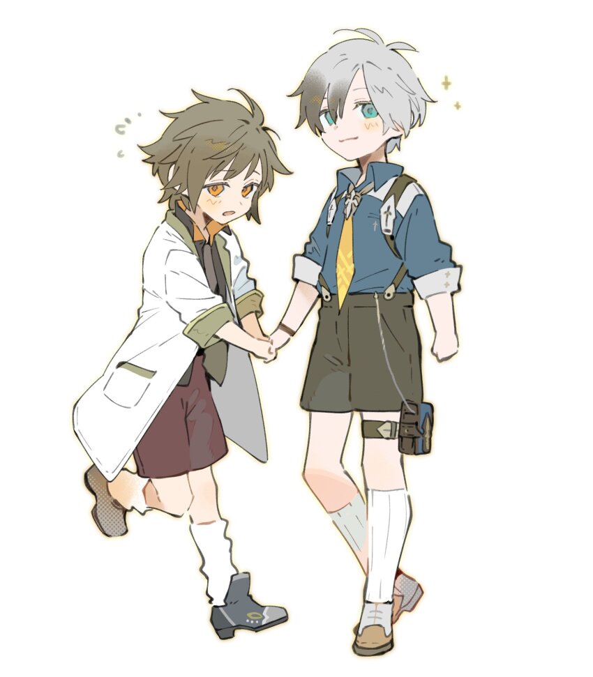 2boys aged_down ahoge alternate_eye_color black_hair black_shirt black_shorts blue_eyes blue_shirt brooch brown_eyes brown_shorts collared_shirt flying_sweatdrops hair_between_eyes highres holding_hands jacket jewelry jude_mathis kneehighs lab_coat ludger_will_kresnik male_focus multicolored_hair multiple_boys necktie open_mouth orange_eyes pants pouch shirt short_hair shorts shy simple_background smile socks sparkle tales_of_(series) tales_of_xillia tales_of_xillia_2 thigh_pouch two-tone_hair white_background white_hair white_jacket xing_20 yellow_necktie