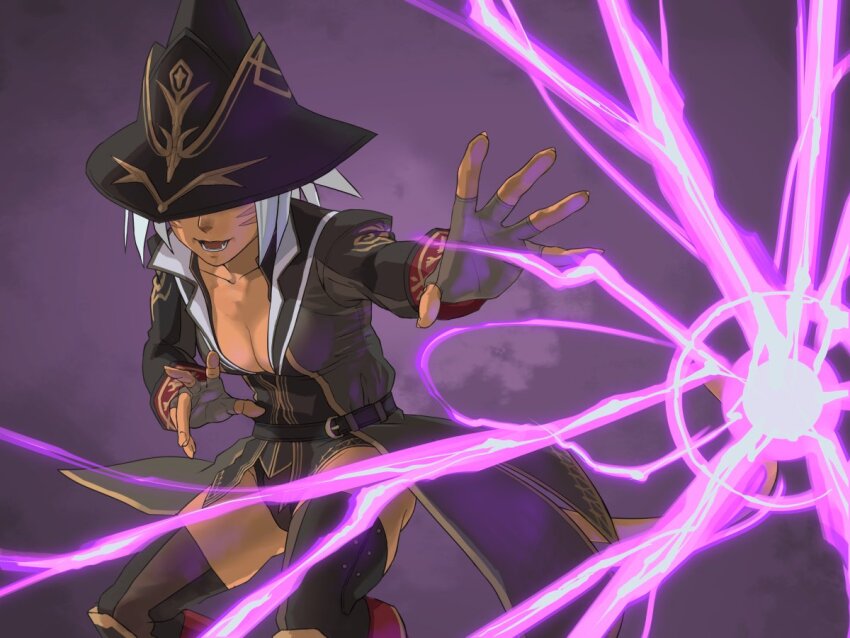 1girl :d adventurer_(ff11) belt black_belt black_coat black_hat black_mage_(final_fantasy) black_panties breasts cat_girl cat_tail cleavage coat collarbone electricity electrokinesis facial_mark fangs final_fantasy final_fantasy_xi fingerless_gloves gloves grey_gloves hat hat_over_eyes long_sleeves lower_teeth_only medium_breasts mi_mi_zo mithra_(ff11) open_mouth panties short_hair smile solo tail teeth thighhighs underwear whisker_markings white_hair witch_hat