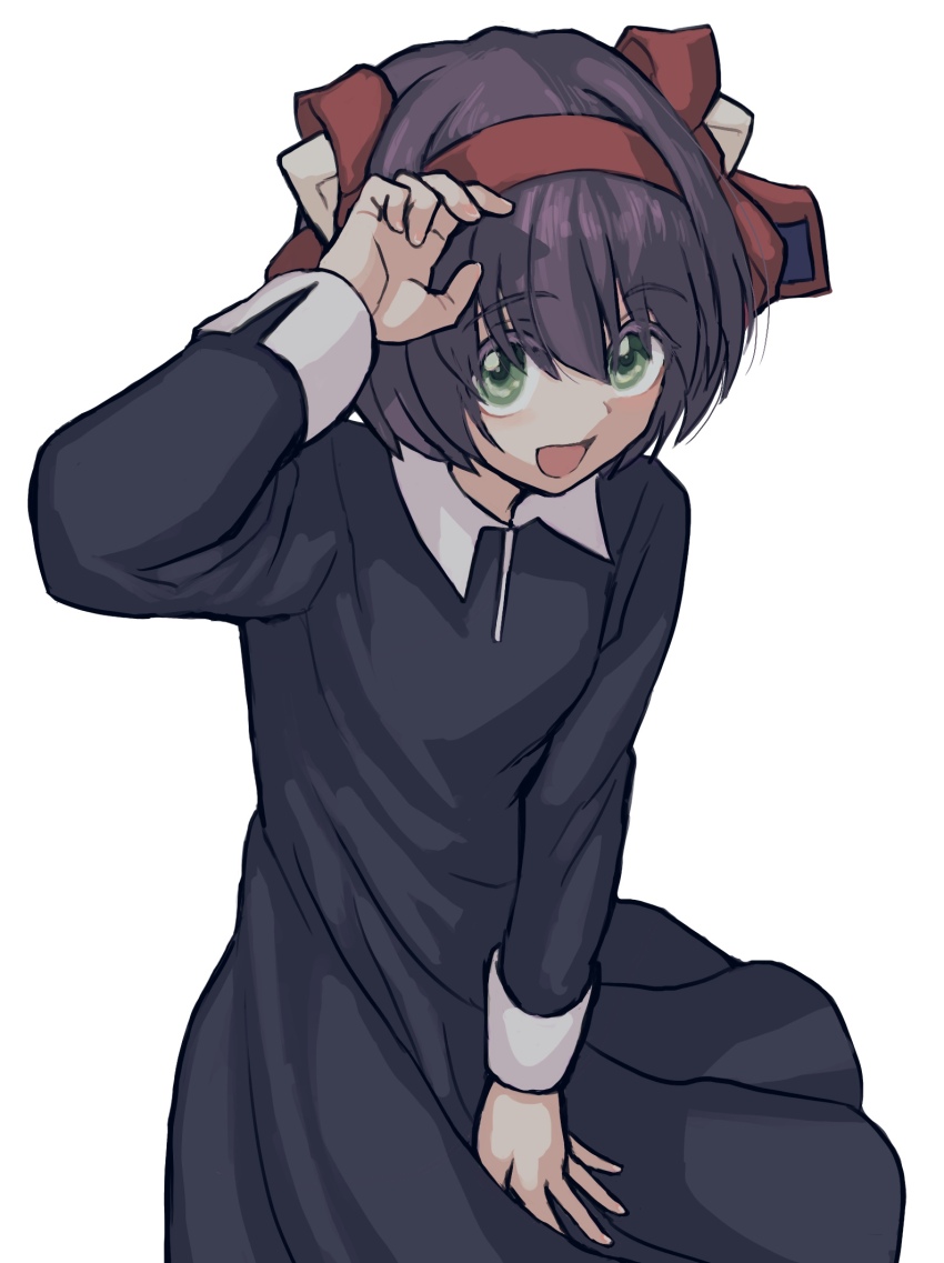 1girl black_dress collared_dress donatsupan dress elfen_lied flat_chest green_eyes hair_between_eyes hand_up highres horns long_dress long_sleeves looking_at_viewer nana_(elfen_lied) necktie necktie_on_head open_mouth purple_hair red_necktie short_hair simple_background small_horns smile solo standing straight_hair upper_body very_short_hair white_background white_horns white_sleeve_cuffs wind