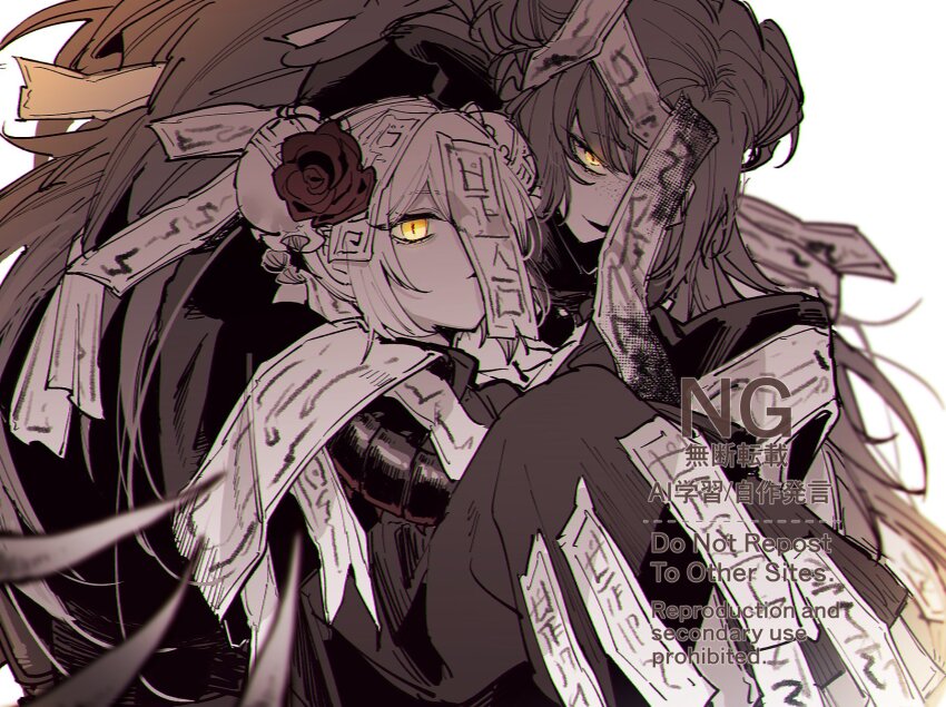 09wave_hb 2girls arthropod_girl bug centipede centipede_girl don_quixote_(project_moon) double_bun e.g.o_(project_moon) flower hair_bun highres hundred-footed_death_maggot_(e.g.o) ishmael_(project_moon) limbus_company long_hair long_sleeves looking_at_viewer multiple_girls ofuda one_eye_covered partially_colored project_moon red_flower red_rose red_sheet_(e.g.o) rose short_hair simple_background sleeves_past_fingers sleeves_past_wrists standing talisman upper_body white_background yellow_eyes