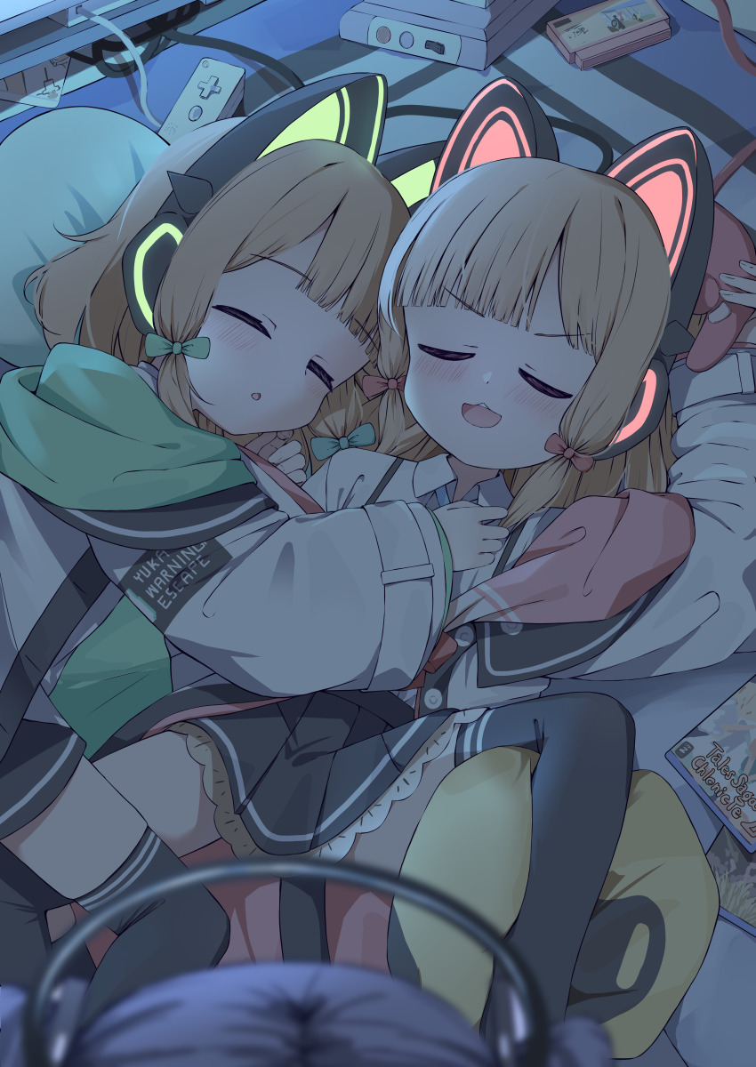 3girls :3 :d absurdres animal_ear_headphones animal_ears arm_up black_shorts black_skirt black_thighhighs blonde_hair blue_archive blue_hair blue_necktie blurry blurry_foreground blush bow buttons cat_ear_headphones cat_ears chestnut_mouth closed_eyes collared_shirt commentary_request controller cushion dot_nose english_text fake_animal_ears feet_out_of_frame frilled_skirt frills game_cartridge game_console game_controller green_bow green_jacket hair_bow halo hand_on_another&#039;s_chest headphones highres holding holding_controller holding_game_controller hood hood_down hooded_jacket indoors jacket kyouwashi leg_between_thighs long_sleeves low-tied_sidelocks lying mechanical_halo medium_hair midori_(blue_archive) miniskirt momoi_(blue_archive) multicolored_jacket multiple_girls necktie night on_back on_floor on_side open_mouth pink_bow pink_jacket pleated_skirt school_uniform shirt short_shorts shorts siblings sidelocks single_off_shoulder sisters skirt sleeping sleeping_on_person smile spread_legs suspender_skirt suspenders teeth thighhighs twins upper_teeth_only v-shaped_eyebrows white_jacket white_shirt wide_sleeves wii_remote yuuka_(blue_archive) zettai_ryouiki