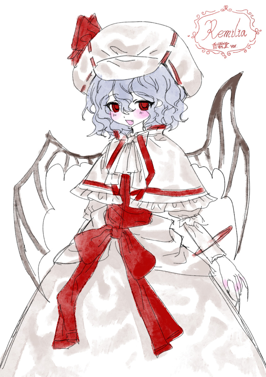 1girl absurdres ascot bingkuaihei blue_hair blush bow capelet character_name chinese_commentary colored_skin commentary_request curiosities_of_lotus_asia curly_hair frilled_capelet frills hair_between_eyes hat hat_bow highres long_sleeves medium_hair open_mouth red_bow red_vest remilia_scarlet shirt simple_background skirt smile solo touhou vest white_ascot white_background white_capelet white_hat white_shirt white_skin white_skirt