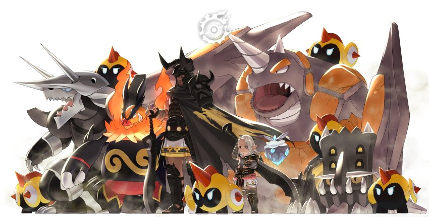 2021 2boys absurdres aggron amputee armor bastiodon carbink emboar falinks fiery_beard final_fantasy final_fantasy_xiv gen_3_pokemon gen_4_pokemon gen_5_pokemon gen_6_pokemon gen_8_pokemon helmet highres holding holding_sword holding_weapon horns multiple_boys nintendo pipin_tarupin pointy_ears pokemon pokemon_(creature) potion_lilac raubahn_aldynn rhyperior size_difference sword weapon