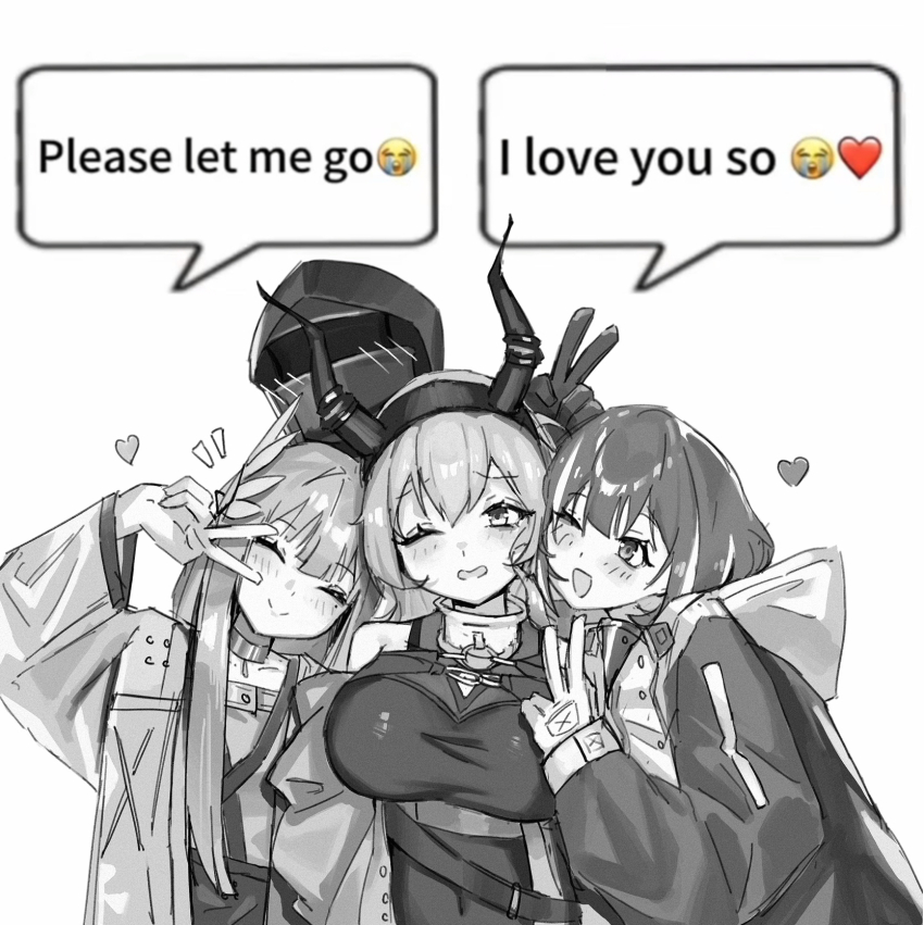 1other 3girls :d arknights bare_shoulders blush breasts closed_eyes closed_mouth commentary_request crying_emoji doctor_(arknights) emoji english_text gloves hair_between_eyes hand_up heart highres hood hood_down hood_up hooded_jacket horns jacket large_breasts long_sleeves magallan_(arknights) monochrome muelsyse_(arknights) multiple_girls notice_lines open_clothes open_jacket open_mouth shirt simple_background smile spot_color typhon_(arknights) upper_body v v_over_eye watanab1019 white_background wide_sleeves