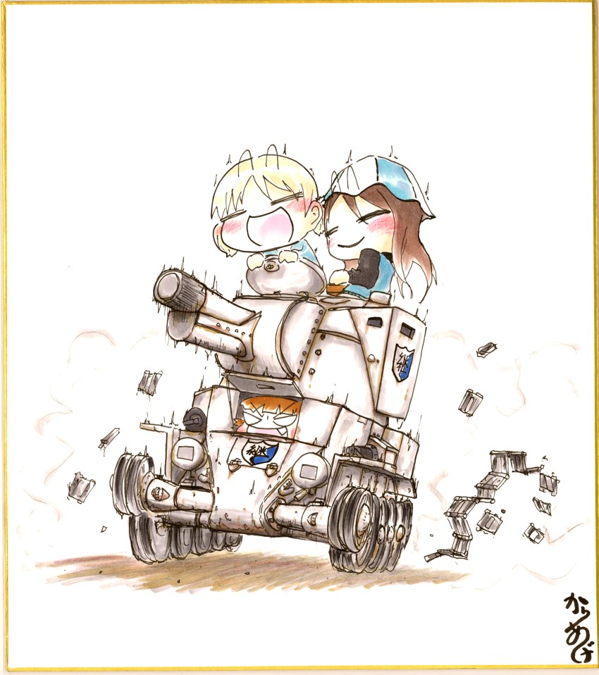 3girls :d absurdres aki_(girls_und_panzer) blonde_hair blush brown_hair bt-42 emblem fang friedchicken_(huzimizawa) girls_und_panzer hat highres keizoku_(emblem) keizoku_military_uniform mika_(girls_und_panzer) mikko_(girls_und_panzer) military military_vehicle motor_vehicle multiple_girls open_mouth shikishi short_twintails smile tank twintails