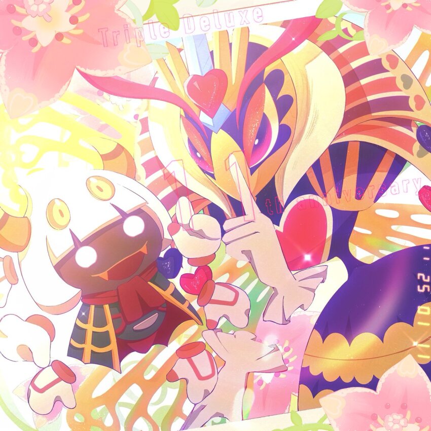 1boy 1girl 93mai antennae arthropod_girl bee_girl bee_wings cape collared_cape crown extra_arms fangs flower heart highres hime_cut horns insect_girl insect_wings kirby:_triple_deluxe kirby_(series) nintendo pink_flower purple_eyes queen_sectonia red_scarf scarf spider_boy taranza white_hair wings